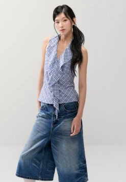 Sleeveless Checker Ruffle Front Tie Halter Top -Modern Wear Shop 6931c10385f5efd63a2473cd17726d24