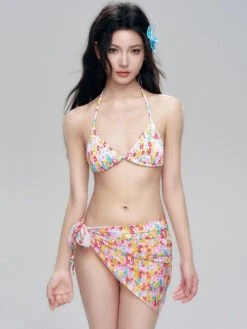 Floral Halter Neck Bikini With Side Tie Sarong