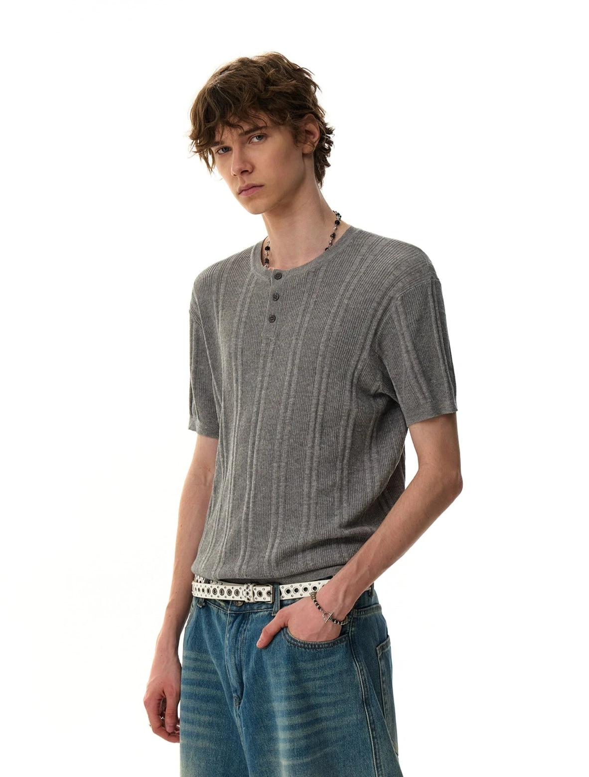 Ribbed Knit Half Button Short Sleeve Shirt 8 Ribbed Knit Half Button Short Sleeve Shirt - Image 8