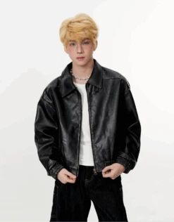 Mid Crop Faux Leather Zip Jacket With Elastic Hem And Cuffs