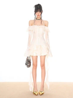 Off-Shoulder Tiered Ruffle Mesh Long Sleeve Mini Dress -Modern Wear Shop 69c404a2e655af80e616bf89ef5c0387
