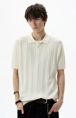 Ribbed Knit Short Sleeve Polo Shirt