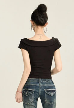 Off Shoulder Folded Collar Short Sleeve Top -Modern Wear Shop 6a29be45e2e41cd58053f6e026fba550