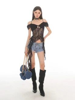 Off-Shoulder Lace Sheer Crop Top With Tassel Details -Modern Wear Shop 6a361513890e121befa2b5d7cf2cc665