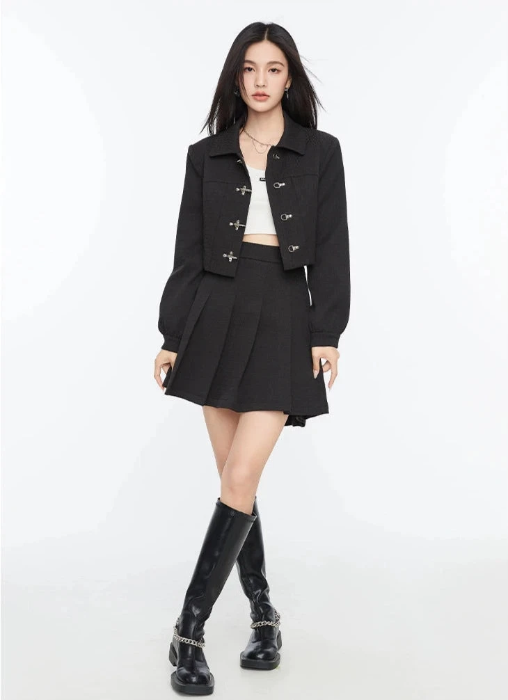 Boxy Collared Crop Jacket With Fireman Buckles And Mini Skirt Two-Piece Set 11 Boxy Collared Crop Jacket With Fireman Buckles And Mini Skirt Two-Piece Set - Image 11