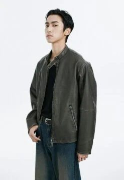 Faux Leather Mid-Crop Racer Jacket With Zipped Pockets -Modern Wear Shop 6af8ee88731e795bd91d9ebfb66e391d