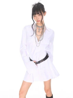 Flare Long Sleeve Pleated Mini Shirt-Dress -Modern Wear Shop 6b02552af348a150177c1d3cac9cafeb