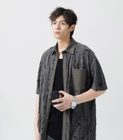 Slim Distressed Textured Button-Down Short Sleeve Shirt -Modern Wear Shop 6b03af50a11cfec981862255031d5d4d