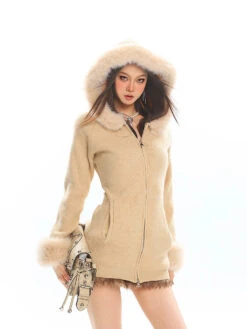 Faux Fur Trim Hooded Zip-Up Knit Jacket -Modern Wear Shop 6b487a4488f724226ed458d6459d5366