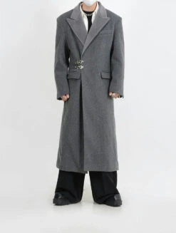 Oversized Velvet-Lapel Long Coat With Metal Buckles -Modern Wear Shop 6b7b3c03a4ac797f6a8c21797a7e5daf