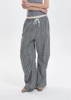 Wide Leg Gingham Drawstring Pants With Eyelet Detail