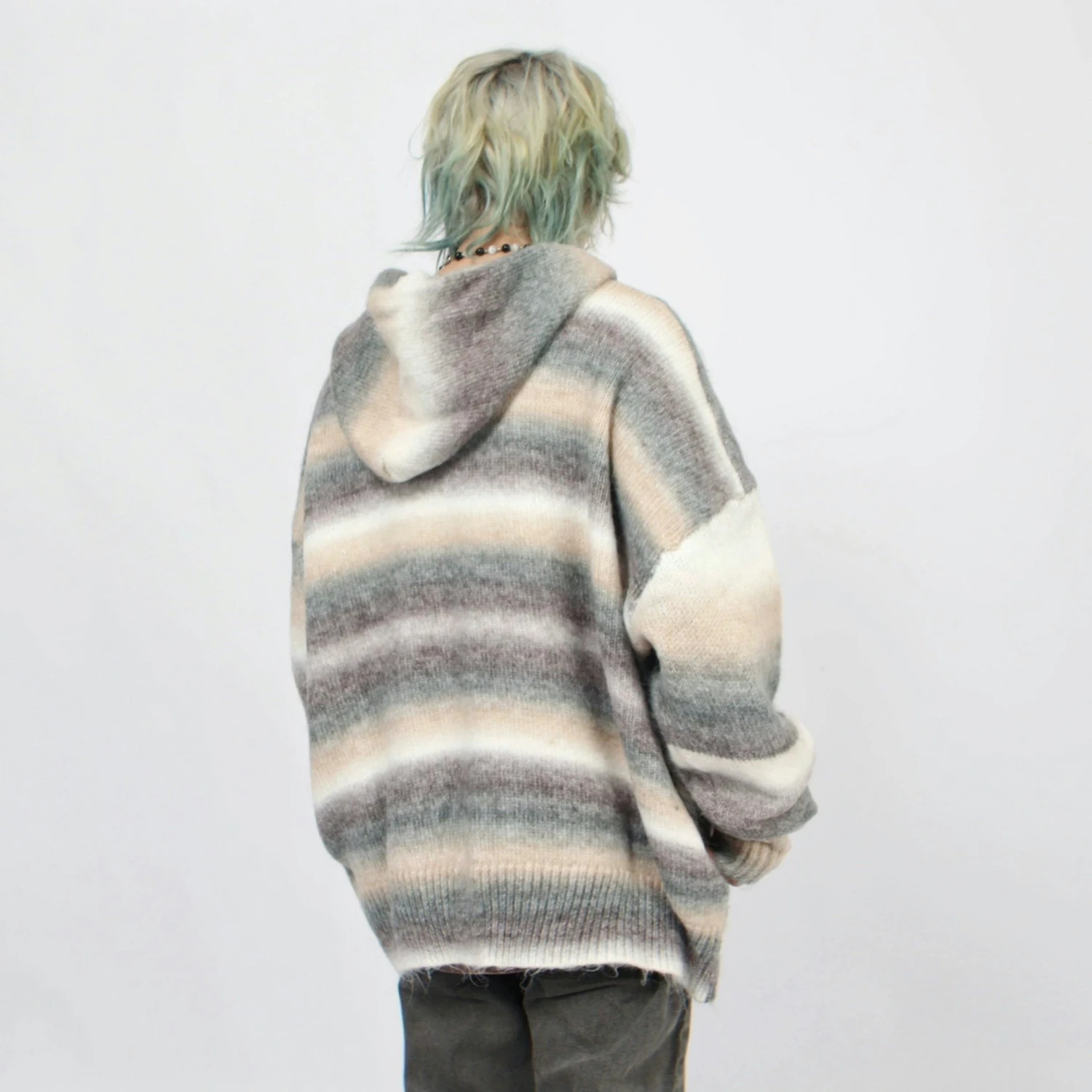 Oversized Pastel Striped Ribbed Hem Hoodie Sweater 3 Oversized Pastel Striped Ribbed Hem Hoodie Sweater - Image 3