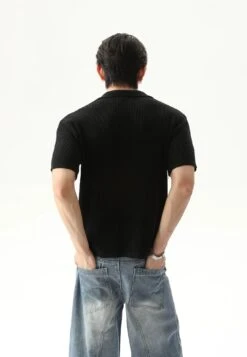 Cable Knit Button-Up Short Sleeve Shirt With Open Collar -Modern Wear Shop 6be99a5855b641839c2ac862ca92d10d