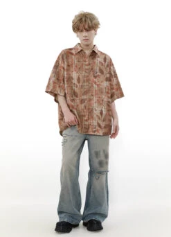 Checkered Leaf Print Oversized Short Sleeve Button Shirt -Modern Wear Shop 6c2a4a4369f59be4cb8d28be2dee1514