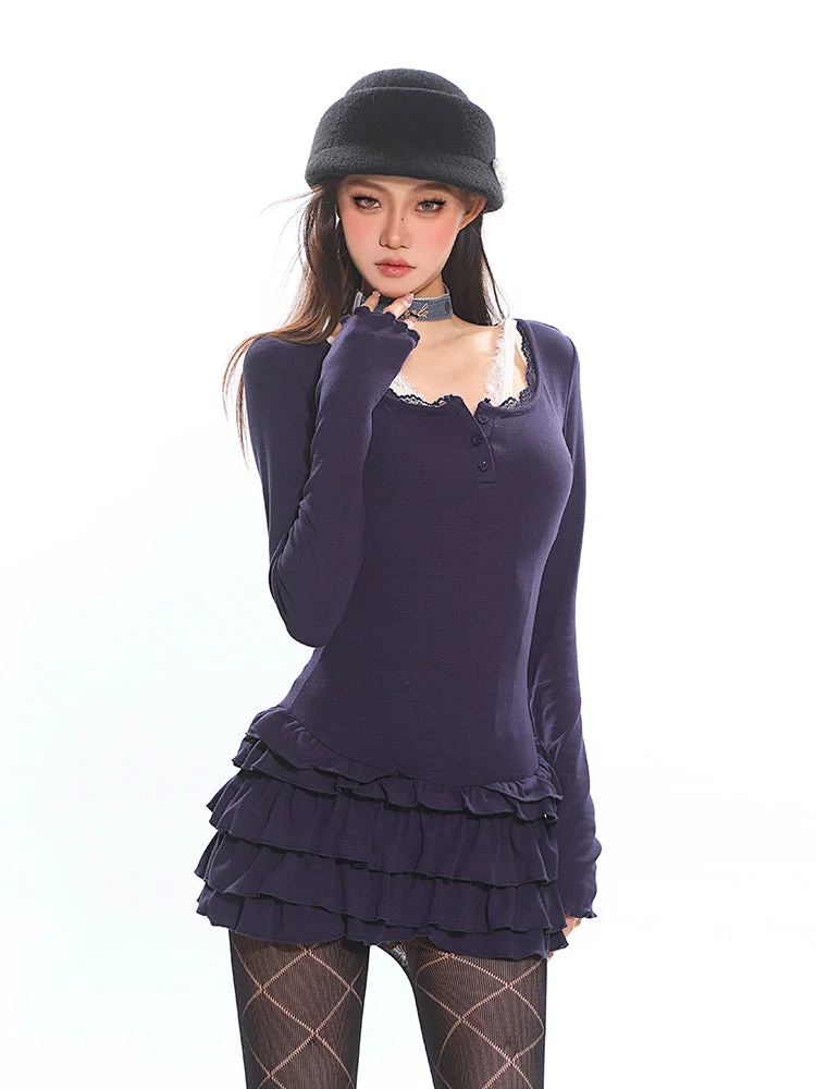 Tiered Ruffle Long Sleeve Mini Dress With Lace Trim 3 Tiered Ruffle Long Sleeve Mini Dress With Lace Trim - Image 3