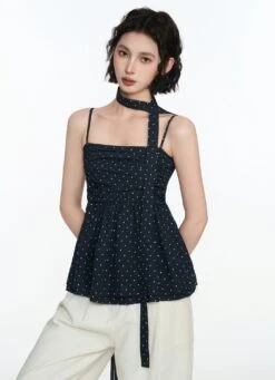 Ruched Polka Dot Spaghetti Strap Top With Scarf Detail -Modern Wear Shop 6c9006909fb0ab60f5c0de516bd14c4f
