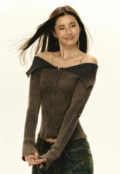 Off-Shoulder Ribbed Gradient Knit Zip-up Sweater 20 Off-Shoulder Ribbed Gradient Knit Zip-up Sweater -Modern Wear Shop 6ca71932373a645992b23f79ddbef4b9
