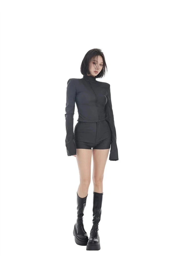 Mock Neck Asymmetric Zip Jacket And Micro Shorts Two-Piece Set 4 Mock Neck Asymmetric Zip Jacket And Micro Shorts Two-Piece Set - Image 4