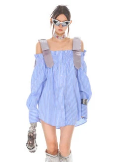 Necktie Strap Ruched Shoulder Stripe Button Top -Modern Wear Shop 6cf83492df29979a056393844297c5ee