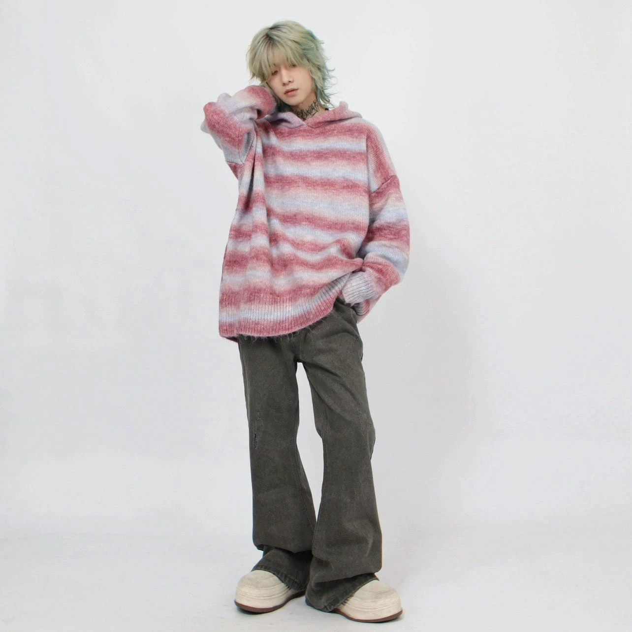 Oversized Pastel Striped Ribbed Hem Hoodie Sweater 12 Oversized Pastel Striped Ribbed Hem Hoodie Sweater - Image 12