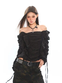 Ruffled Off-Shoulder Crinkle Texture Long Sleeve Top -Modern Wear Shop 6db1e68d065f892ac14550aaed78743f