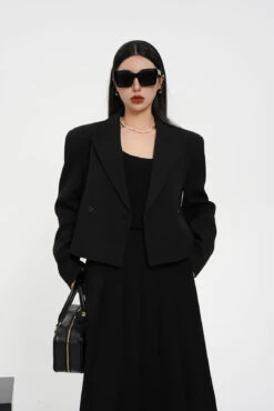 Structured Shoulder Double-Breasted Cropped Blazer