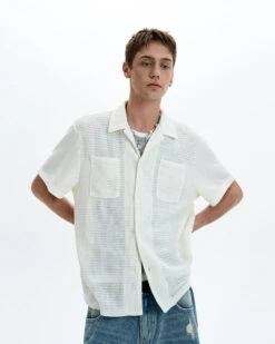 Textured Open-Knit Short Sleeve Button-Up Shirt With Patch Pockets -Modern Wear Shop 6dd937c3708e134c960dc7c6f1dd2899