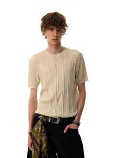 Ribbed Knit Half Button Short Sleeve Shirt