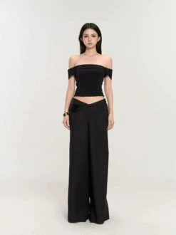 Wide-Leg Low Waist V-Shape Trousers With Floral Accent