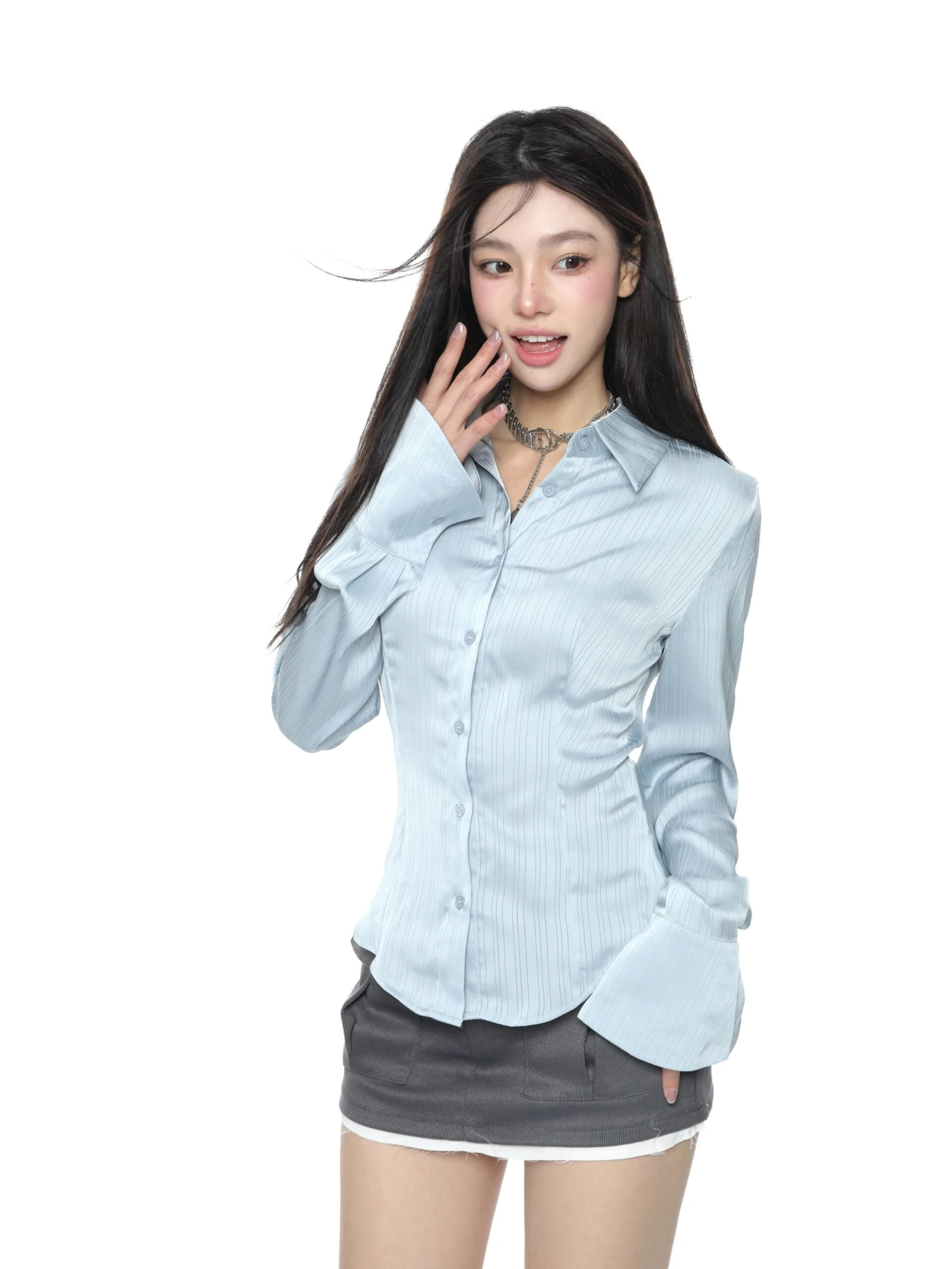 Pinstripe Satin Button-Up Shirt With Flare Long Sleeve 2 Pinstripe Satin Button-Up Shirt With Flare Long Sleeve - Image 2
