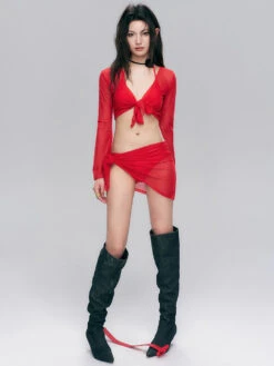 Sheer Sleeve Tie-Front Bikini With Sarong Set -Modern Wear Shop 6e1415999b0811311ea031f196e57d3c