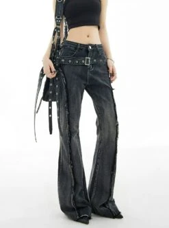 Distressed Stitch Flare Denim Jeans With Metallic Detail Belt -Modern Wear Shop 6e1f0cf61be9237039851d7a136e3464