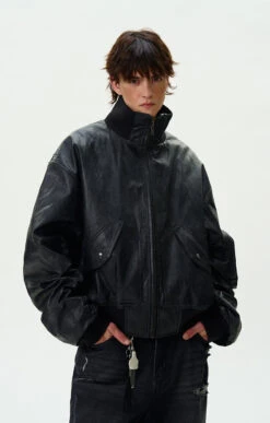 Oversized Faux Leather Mid Crop Bomber Jacket With Sleeve Zip Pocket 21 Oversized Faux Leather Mid Crop Bomber Jacket With Sleeve Zip Pocket -Modern Wear Shop 6e406e56345da0981df275888fd1ee31