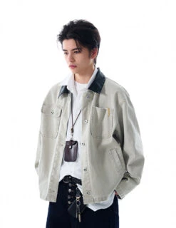 Faux Leather Collar Distressed Denim Worker Jacket -Modern Wear Shop 6e8b1a5e7049e5f20c36b6a3e442307a