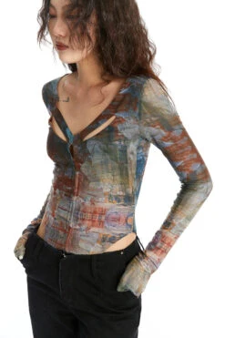 Abstract Print Long Sleeve V-Neck Bodysuit Top -Modern Wear Shop 6ea1e6cb004773f027ccb4de8030c618