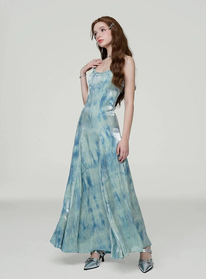 Iridescent Tie-Dye Spaghetti Strap Flared Maxi Dress 4 Iridescent Tie-Dye Spaghetti Strap Flared Maxi Dress - Image 4