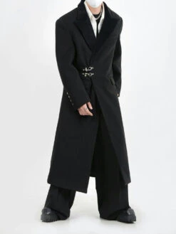 Oversized Velvet-Lapel Long Coat With Metal Buckles -Modern Wear Shop 6eef88098ee3d07bfb683c1f46469be1
