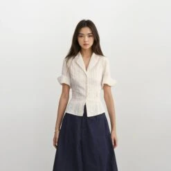 Striped Button-Up Short Sleeve Collared Shirt With Chest Pocket And Belt Loops