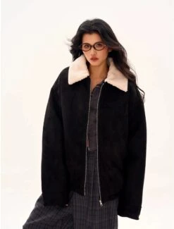 Oversized Contrast Shearling Collar Zip Jacket -Modern Wear Shop 6f3c04105ae03d5197369a6cdcb627f2