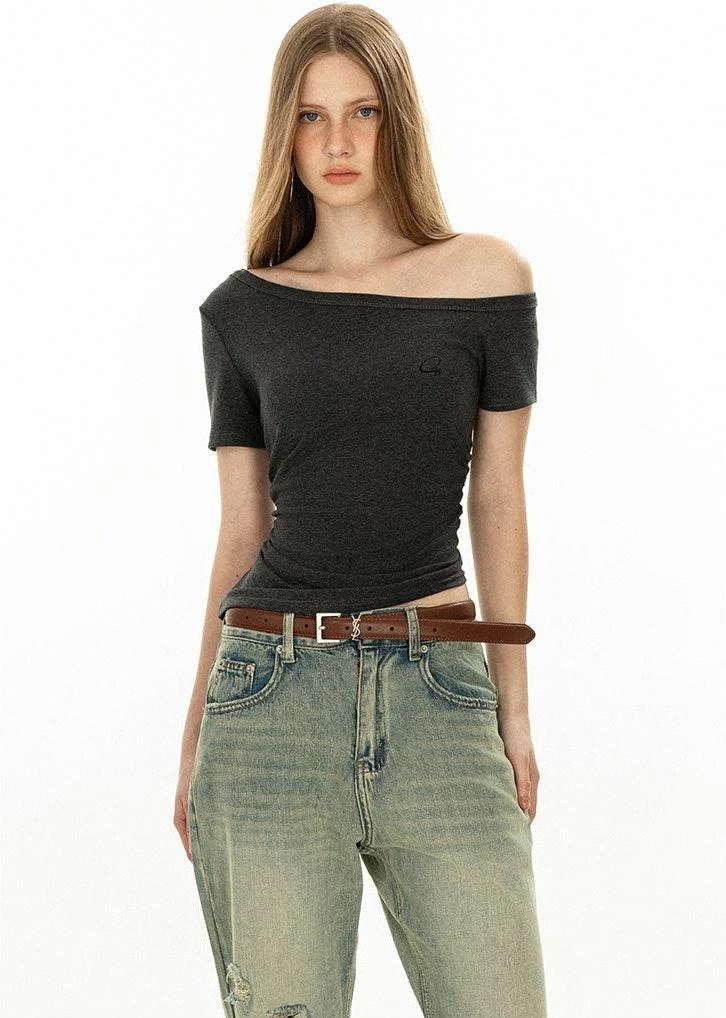 Asymmetric Neckline Slim Short Sleeve Crop Top 5 Asymmetric Neckline Slim Short Sleeve Crop Top - Image 5