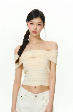 Off Shoulder Crop Top With Layered Detail And Pearl Accent