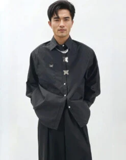 Oversized Shirt With Metallic Brooch Accents