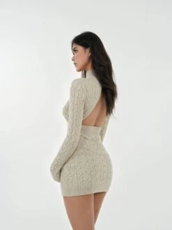Cable Knit Turtleneck Mini Sweater Dress With Open Back