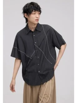 Asymmetrical Stitch Accent Short Sleeve Button Shirt -Modern Wear Shop 703f2351c889c35b1ebcdf9505693c6d