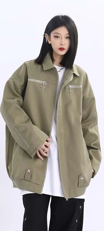 Double Star Pocket Zip Oversized Bomber Jacket 3 Double Star Pocket Zip Oversized Bomber Jacket - Image 3