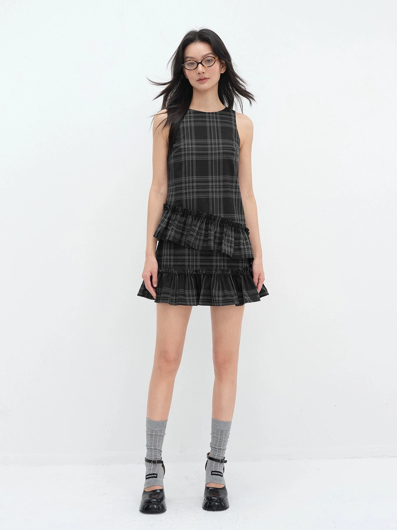 Sleeveless Plaid Asymmetric Tiered Ruffle Mini Dress 3 Sleeveless Plaid Asymmetric Tiered Ruffle Mini Dress - Image 3