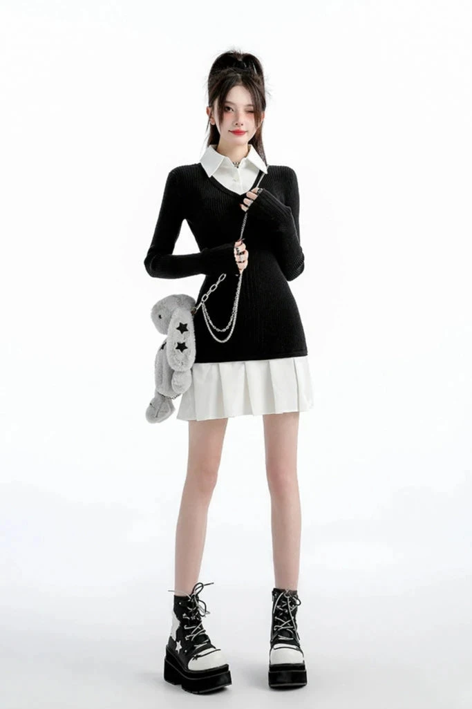 Mock Layered Pleated Hem Long Sleeve Dress 6 Mock Layered Pleated Hem Long Sleeve Dress - Image 6