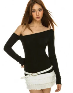 Asymmetric Off-Shoulder Long Sleeve Skinny Top -Modern Wear Shop 713d5df4ff80d50d9194a3d51328adcf