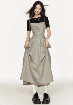 Link Chain Strap Backless Ruched Midi Dress With Pockets -Modern Wear Shop 715b07368495489d24e23509df032e85