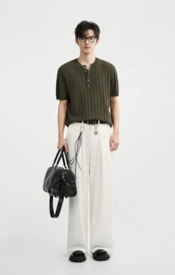 Textured Knit Ribbed Trim Half Button Short Sleeve Shirt -Modern Wear Shop 71674c33d022ec8ab3c26aa83ca8bbe2